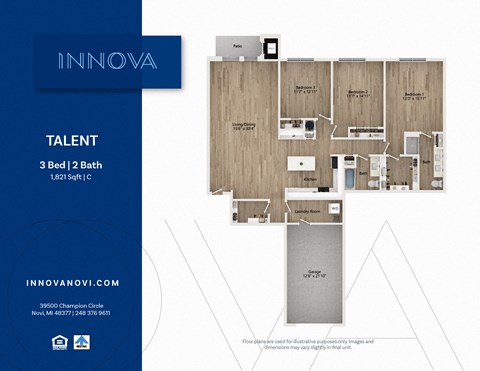 Floor plan for 3 beds, 2 baths, 1821 sqft